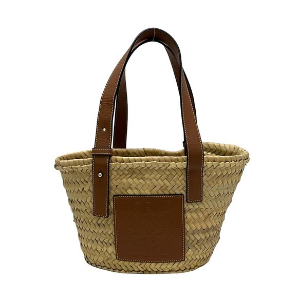 Loewe Handbags - Loewe Basket Tote Bag Beige Dark Brown Straw Leather